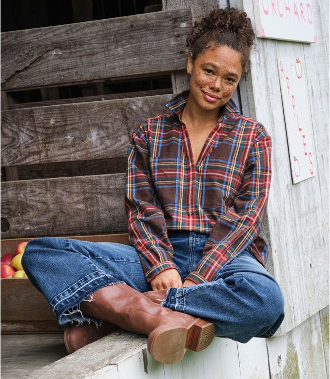 L.L.Bean Women's Scotch Plaid Shirt Y-Neck Regular