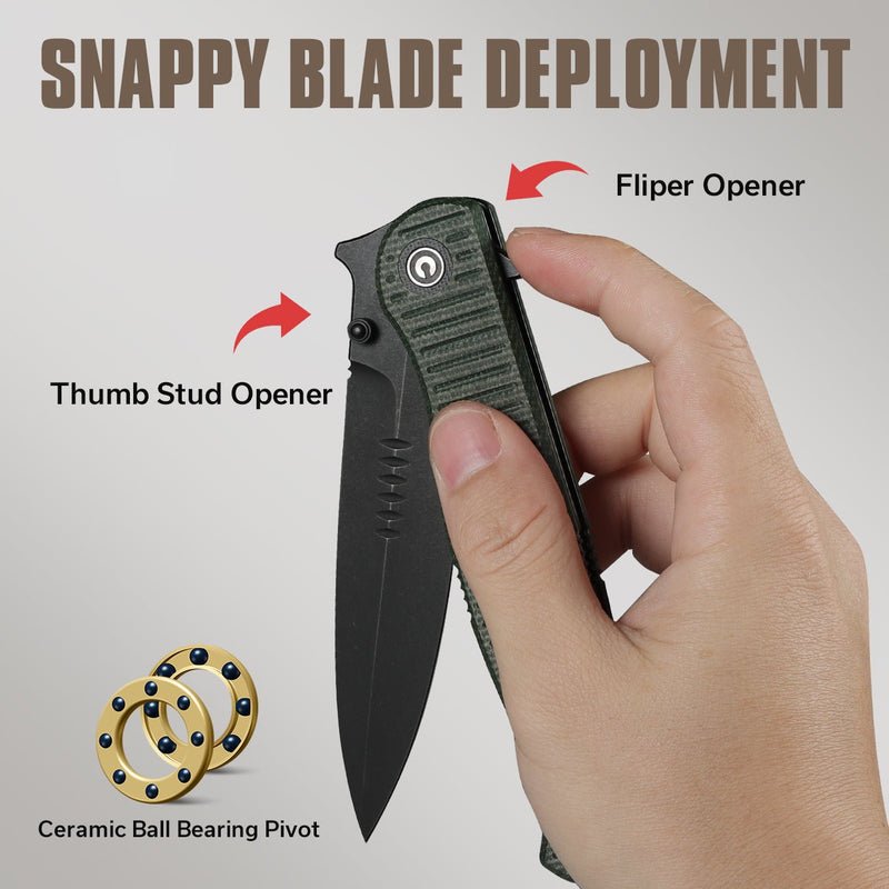 Civivi RS71 Flipper & Thumb Stud Knife With Green Micarta Handle - Quest Outdoors