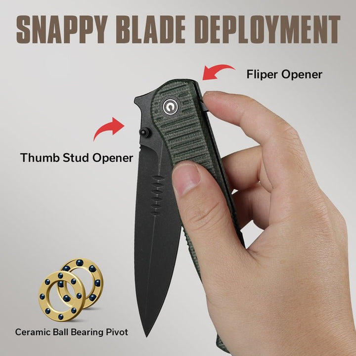 Civivi RS71 Flipper & Thumb Stud Knife With Green Micarta Handle - Quest Outdoors