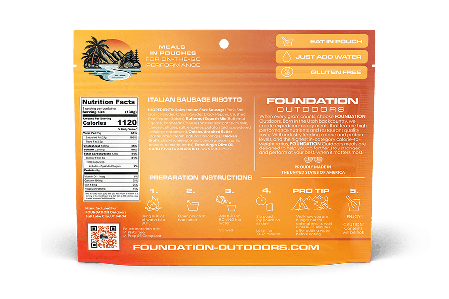 FOUNDATION Outdoors, Spicy Italian Pork Sausage Risotto Meal - Quest Outdoors